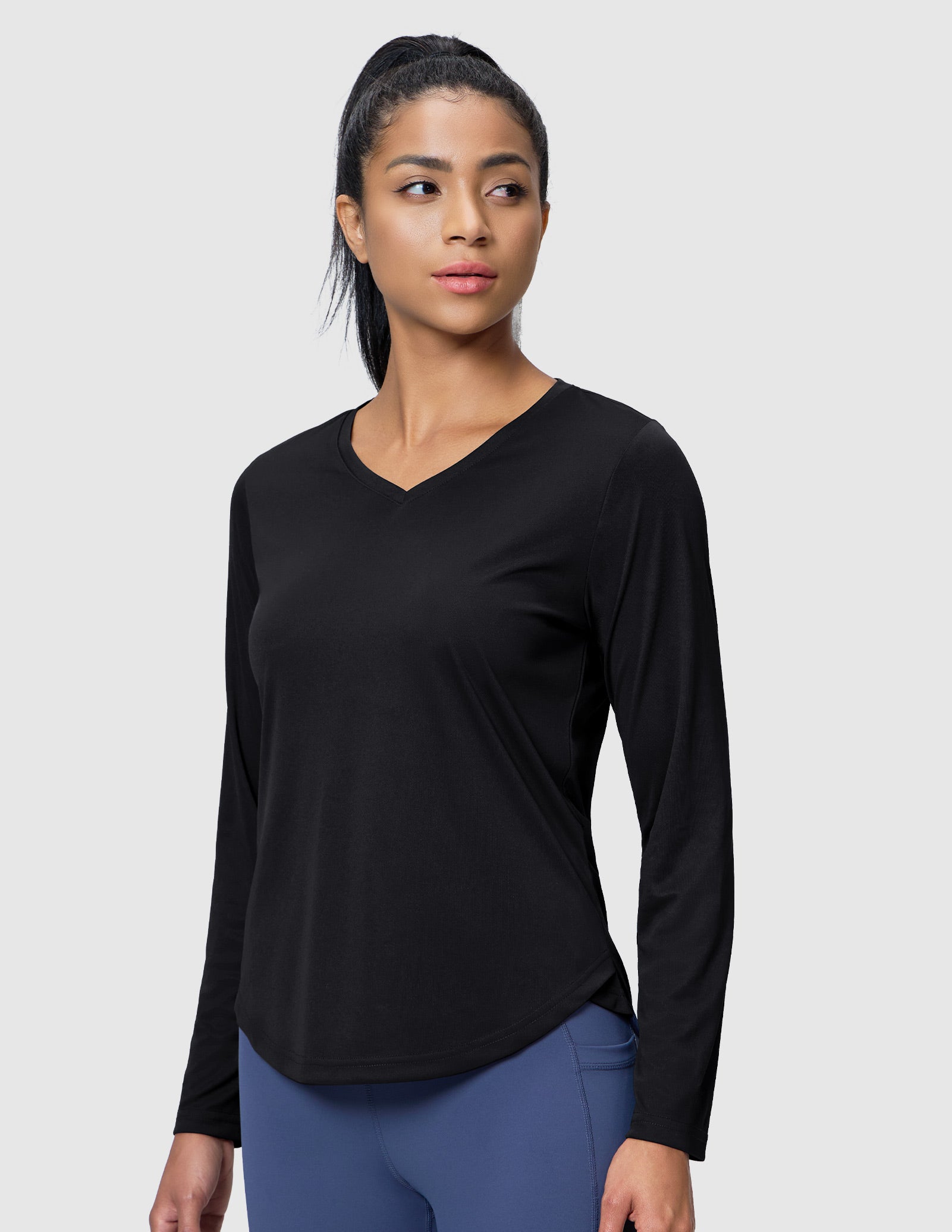 MIER Women’s Long Sleeve Workout Top UPF 50+ V-Neck Dry Fit Running Shirt Women Active Shirt Black / XS