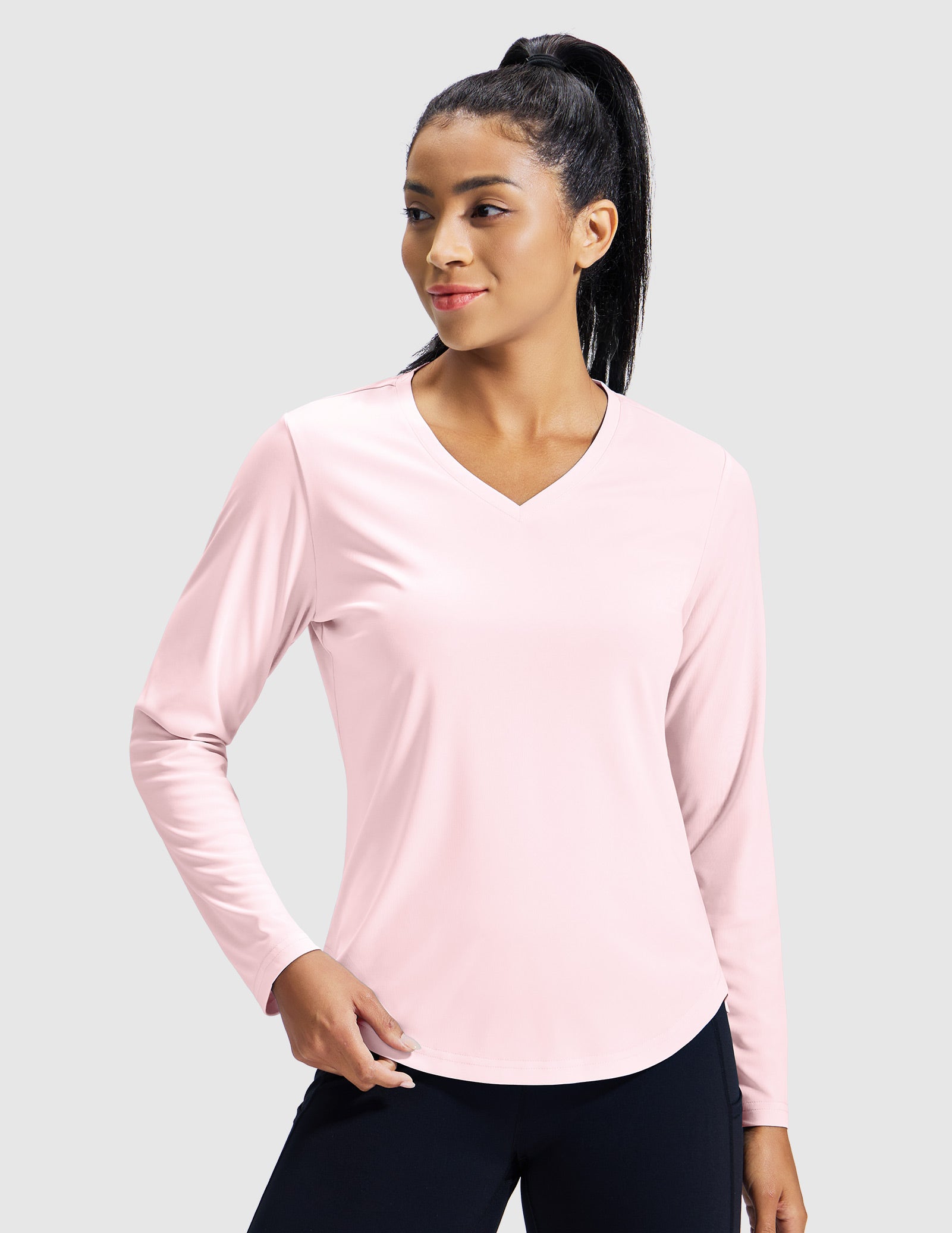 MIER Women’s Long Sleeve Workout Top UPF 50+ V-Neck Dry Fit Running Shirt Women Active Shirt Light Pink / XS