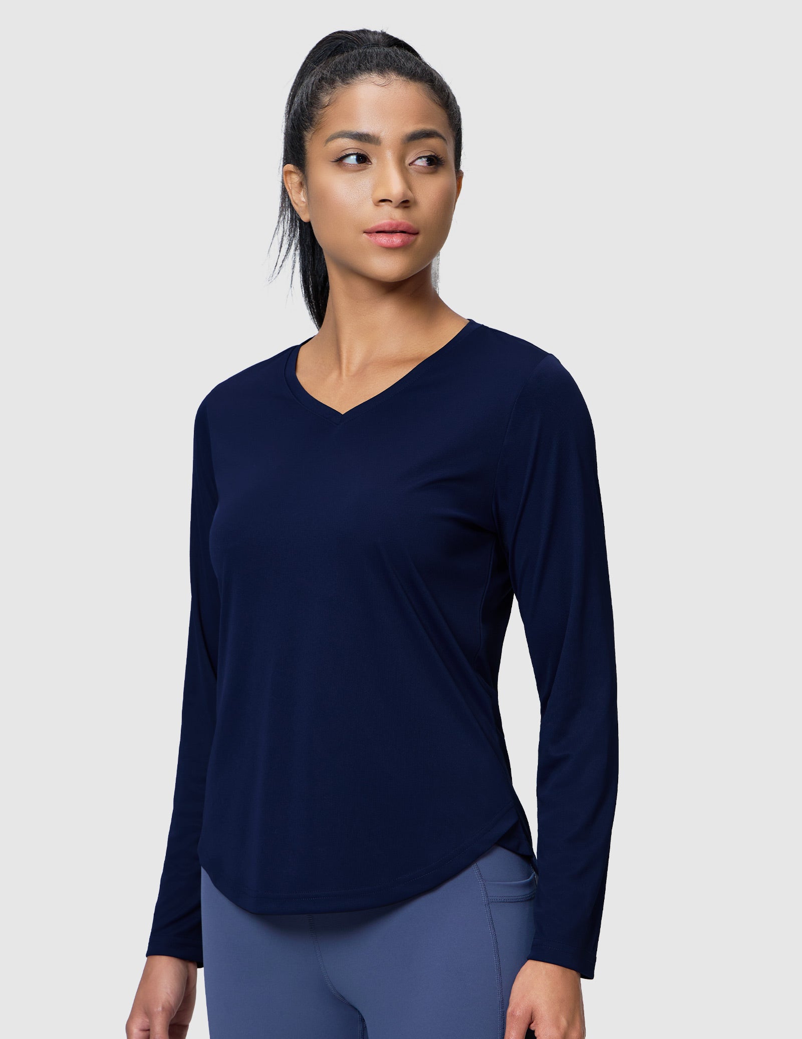 MIER Women’s Long Sleeve Workout Top UPF 50+ V-Neck Dry Fit Running Shirt Women Active Shirt Dark Blue / XS