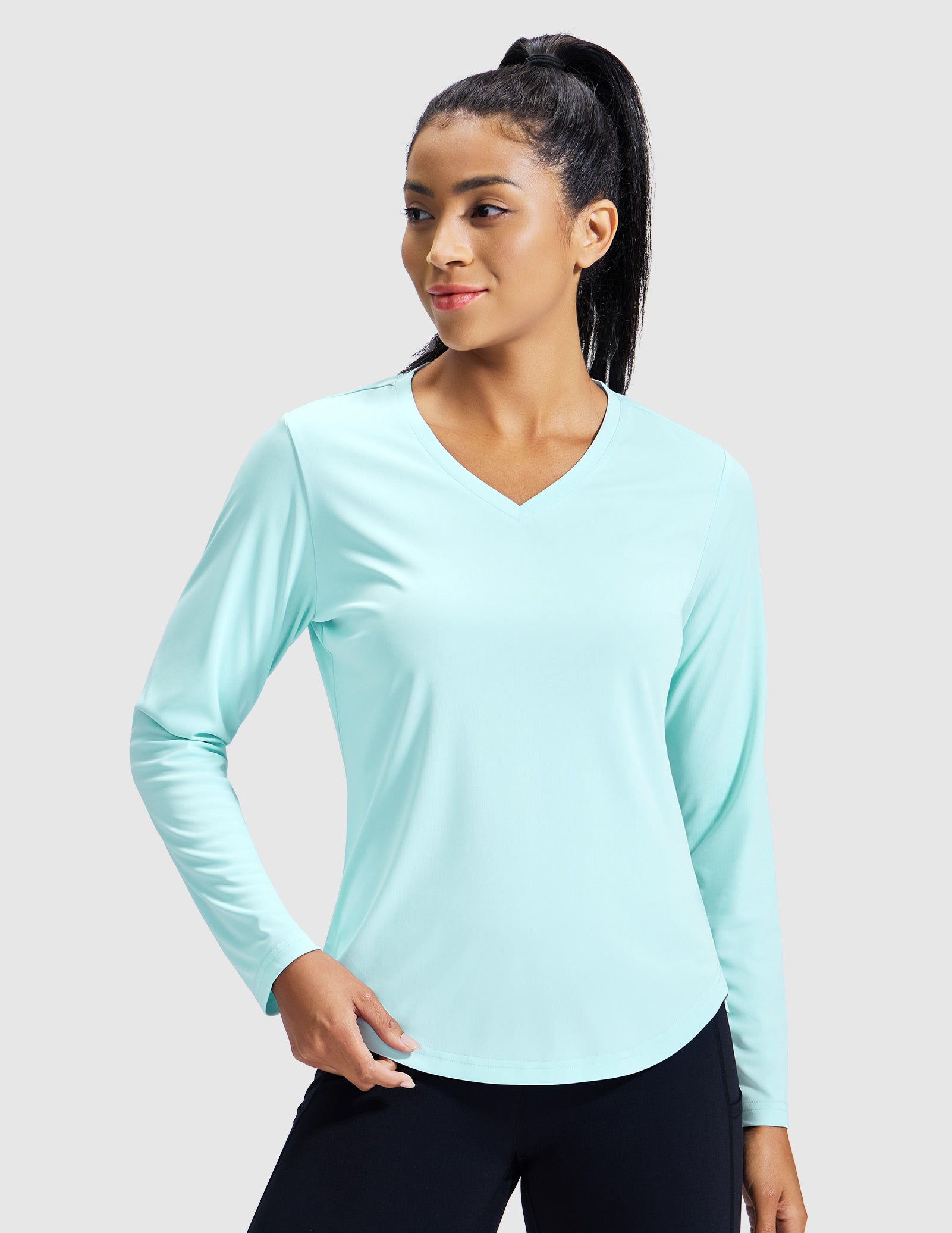 MIER Women’s Long Sleeve Workout Top UPF 50+ V-Neck Dry Fit Running Shirt Women Active Shirt Aqua / XS