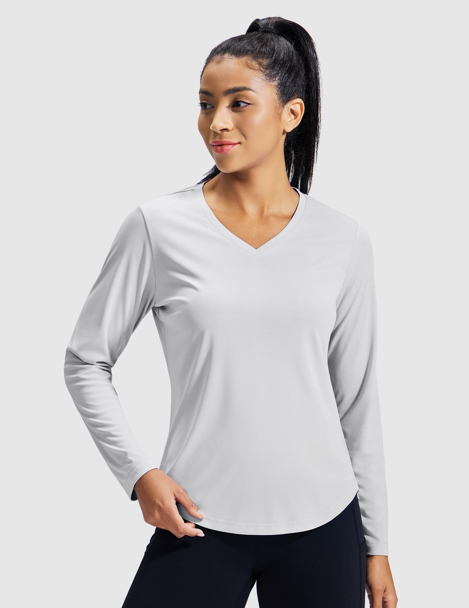 MIER Women’s Long Sleeve Workout Top UPF 50+ V-Neck Dry Fit Running Shirt Women Active Shirt Light Grey / XS