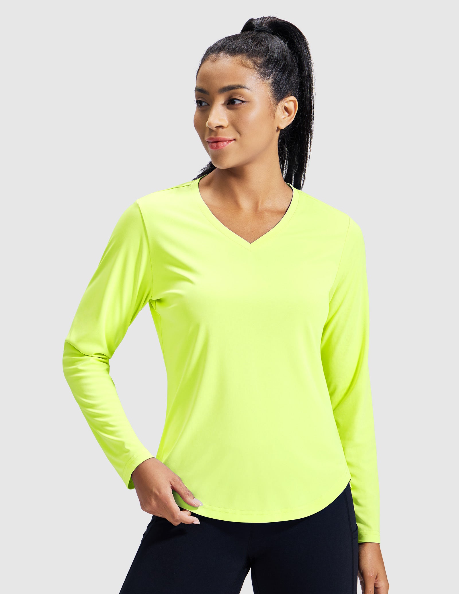 MIER Women’s Long Sleeve Workout Top UPF 50+ V-Neck Dry Fit Running Shirt Women Active Shirt Neon Yellow / XS