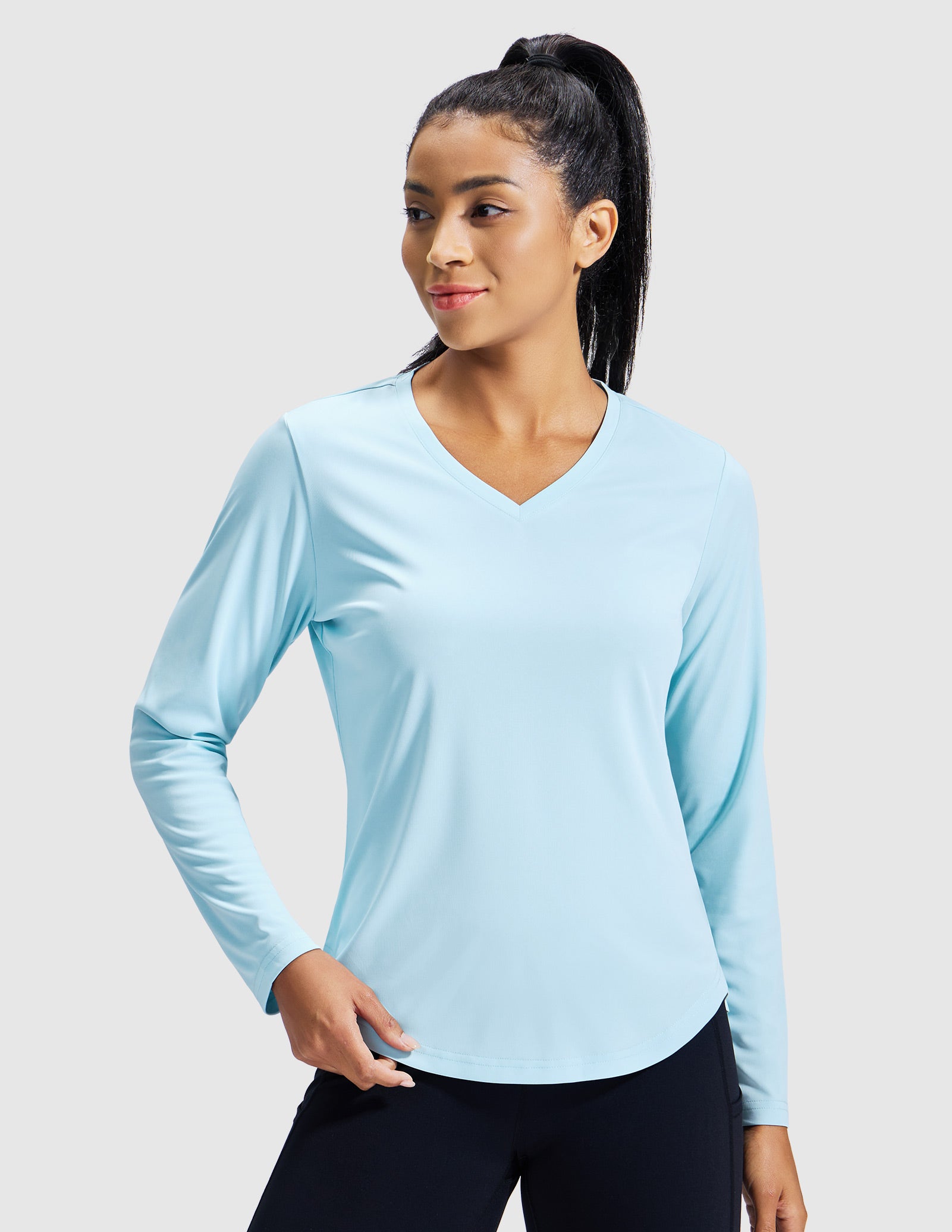 MIER Women’s Long Sleeve Workout Top UPF 50+ V-Neck Dry Fit Running Shirt Women Active Shirt Light Blue / XS