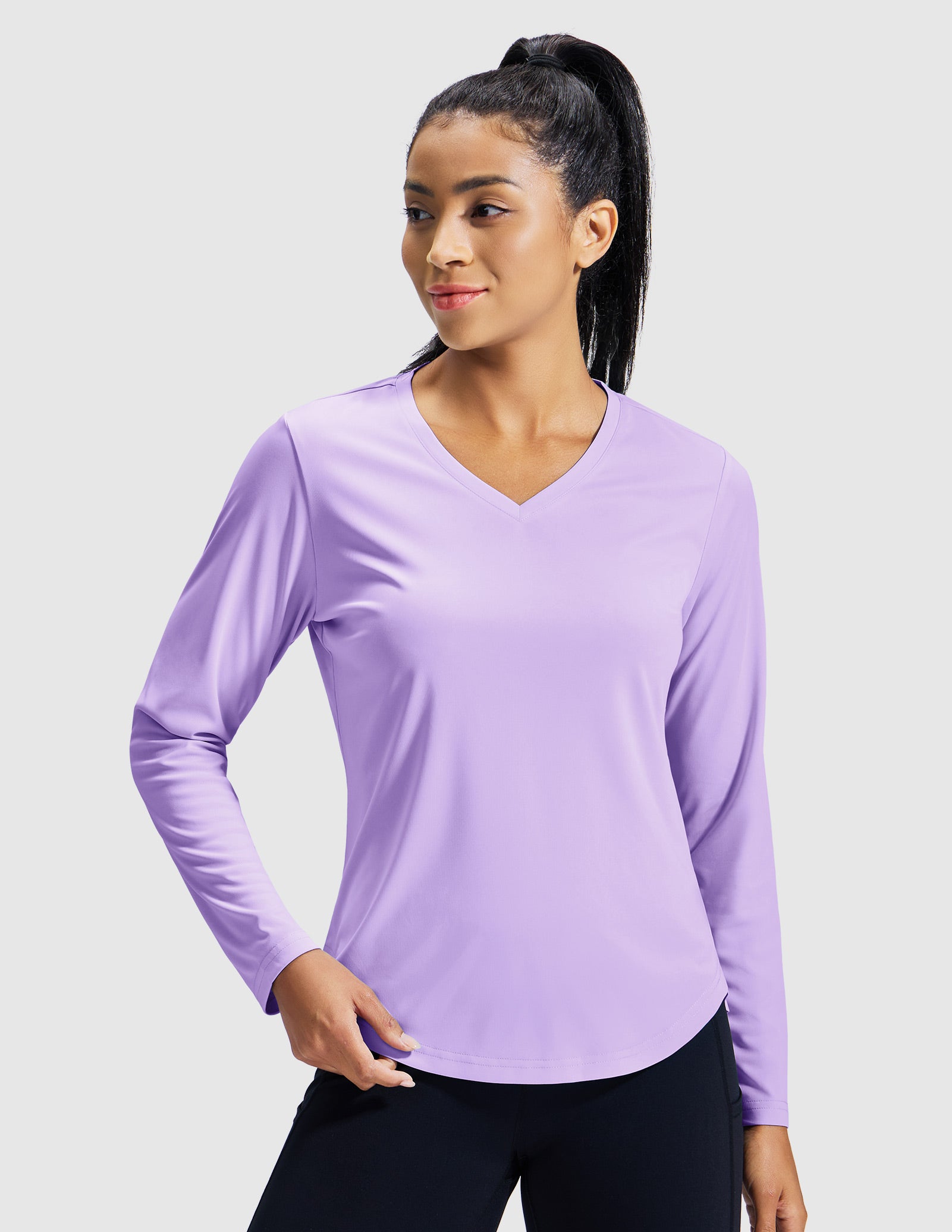 MIER Women’s Long Sleeve Workout Top UPF 50+ V-Neck Dry Fit Running Shirt Women Active Shirt Purple / XS